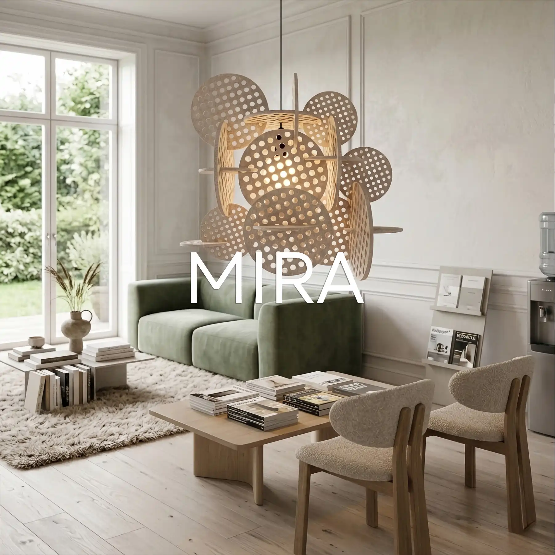 Lampa akustyczna MIRA w nowoczesnym salonie przy zielonej sofie