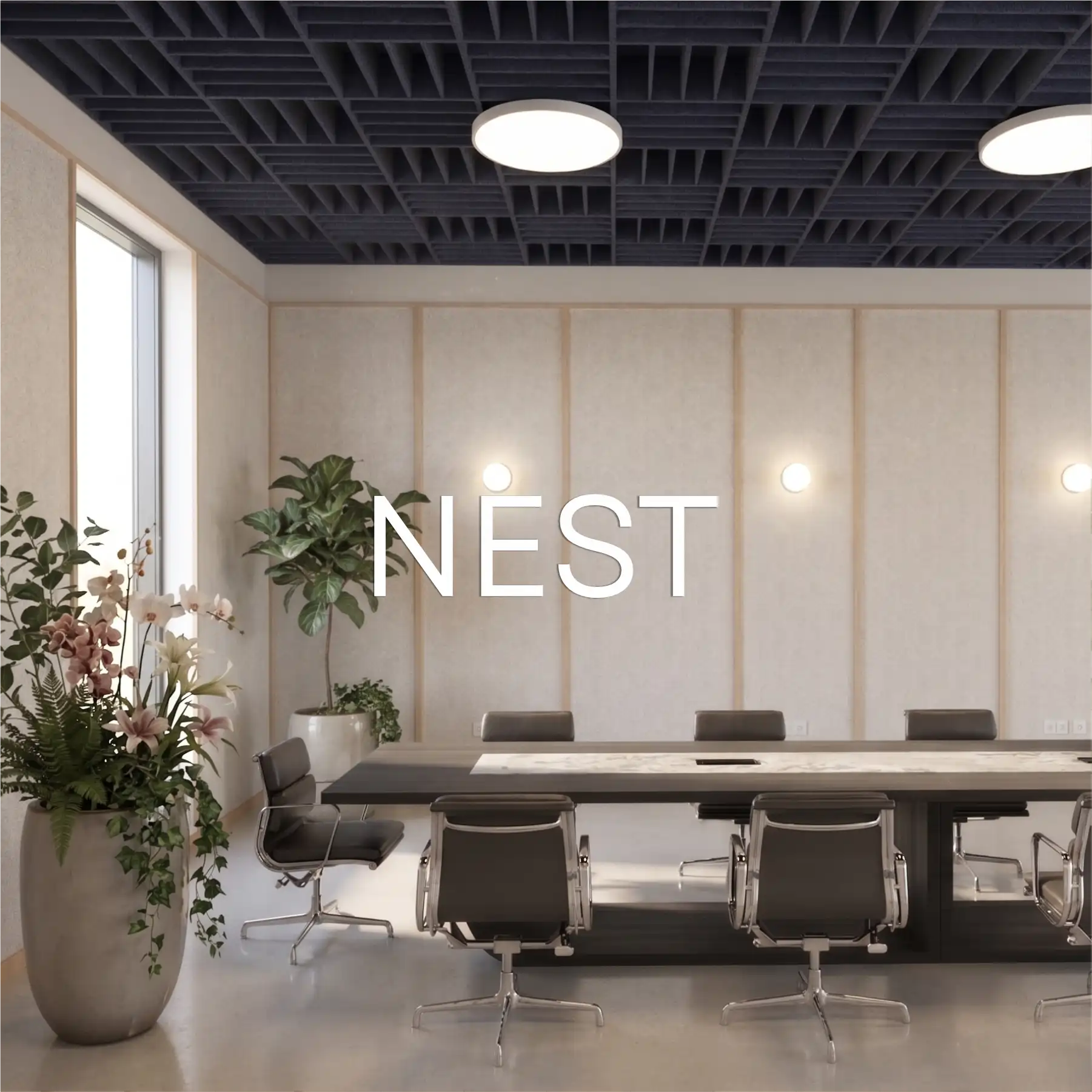 Kasetony sufitowe NEST w sali konferencyjnej z oświetleniem LED