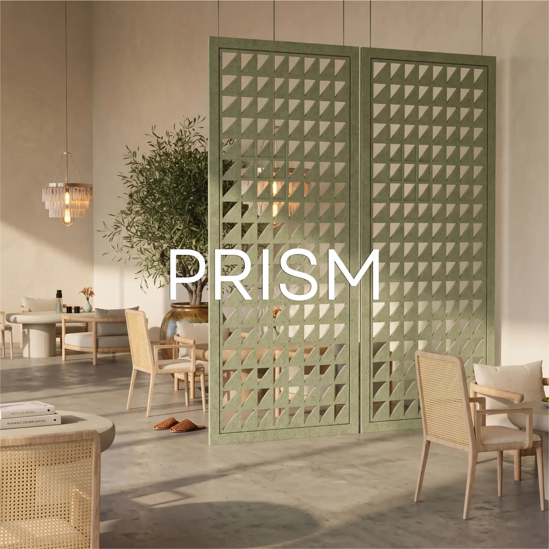 Przegrody wiszące PRISM w nowoczesnym salonie z naturalnym światłem