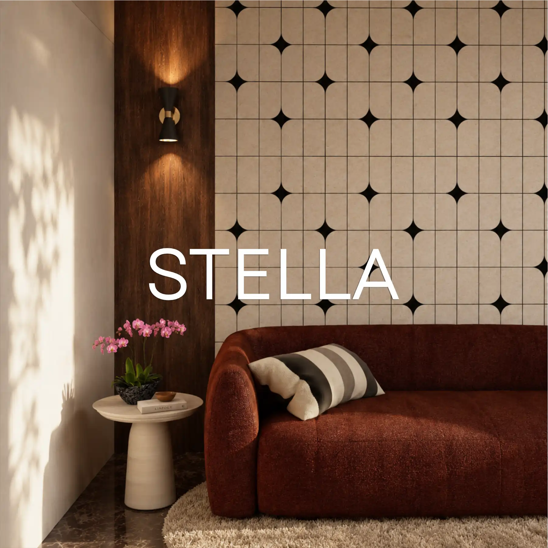 Panel akustyczny STELLA na ścianie w salonie